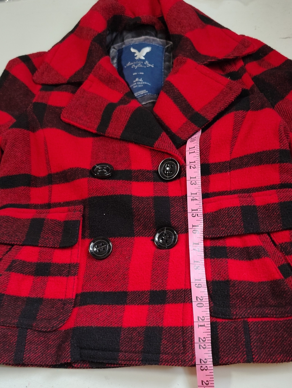 American Eagle Wool Blend Double Breasted Buffalo Plaid Pea Coat Size M Y2K - Picture 14 of 16